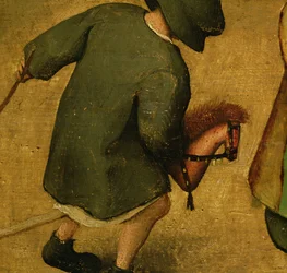 Kinderspelen, detail van onderste gedeelte met een kind en een stokpaard (detail)